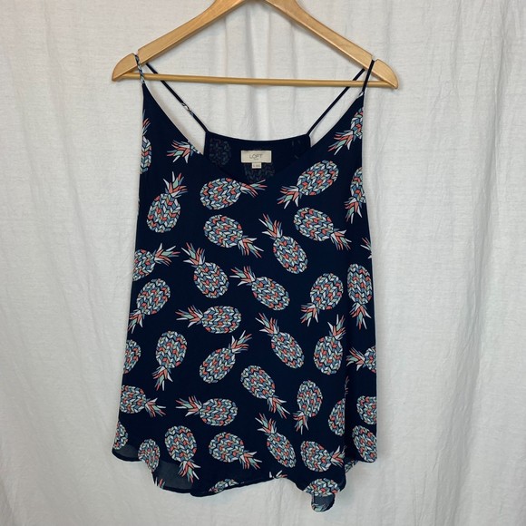 Ann Taylor LOFT Women's Pineapple Print Spaghetti Strap Tank Top Blue Size XL - Picture 1 of 6